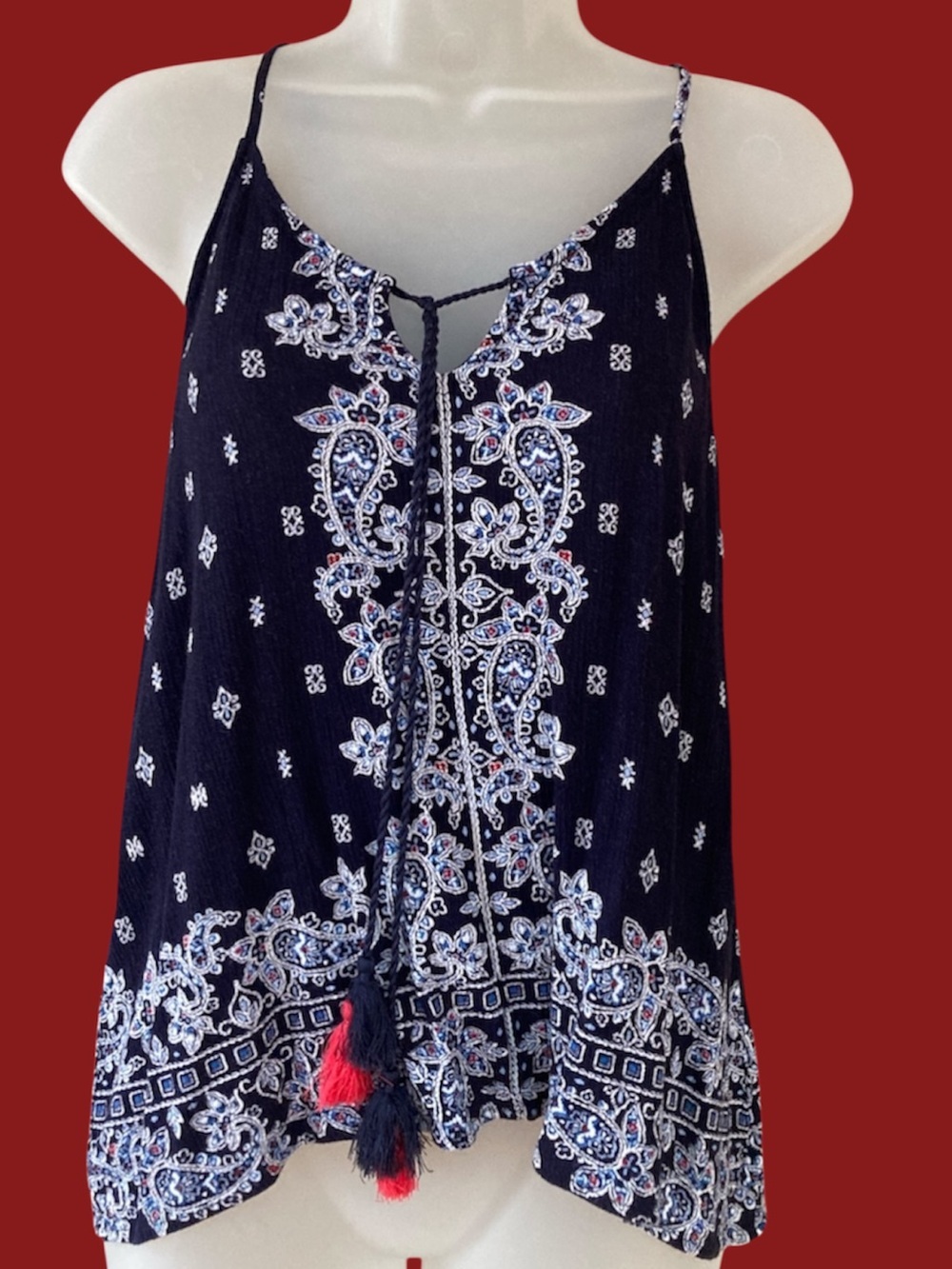 LUQ Women's Rachell Tie Detail Boho Tassel Top Navy Moonlight Whites Size M EUC